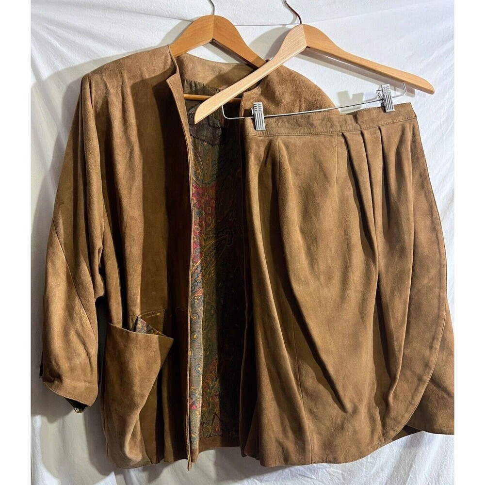 Nomad Woman's Jacket/Skirt Suit Set Vtg Leather Suede Brown Suit Size S A2